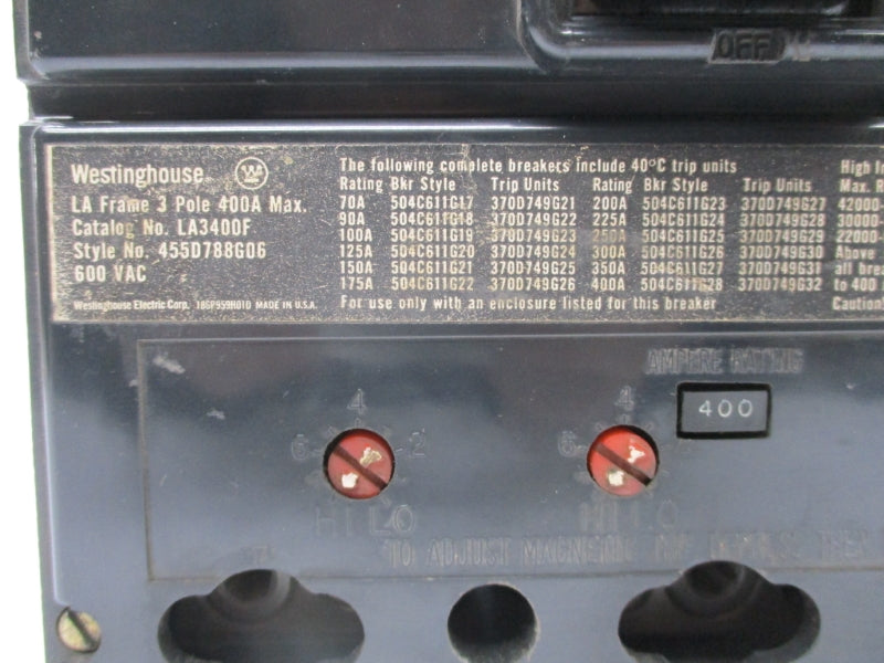 WESTINGHOUSE LA3400 600VAC 400A UNMP