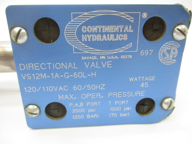 CONTINENTAL HYDRAULICS VS12M-1A-G-60L-H 120/110VAC 3500PSI (AS PICTURED) UNMP