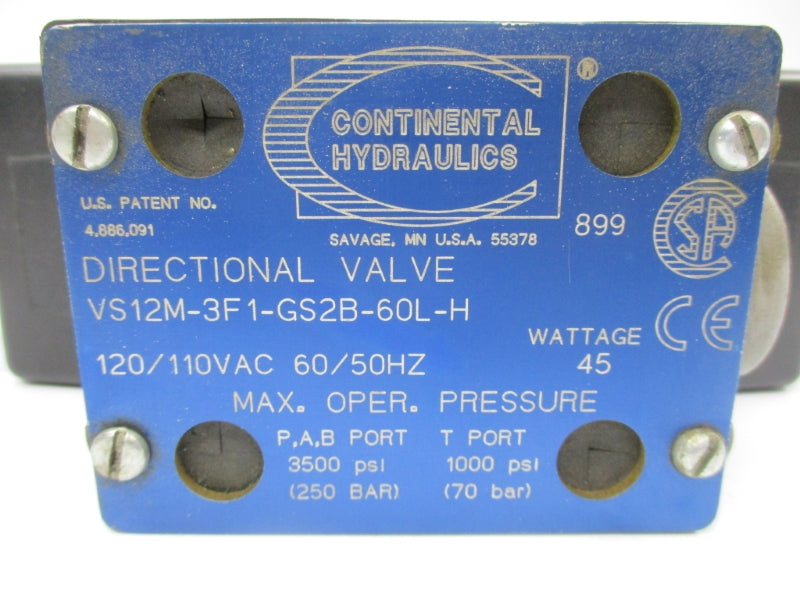 CONTINENTAL HYDRAULICS VS12M-3F1-GS2B-60L-H 120/110VAC 1500PSI UNMP