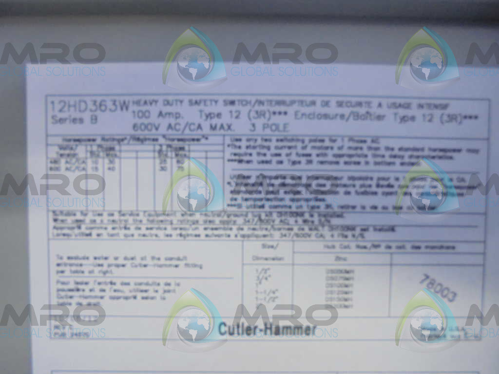 CUTLER HAMMER 12HD363W HEAVY DUTY SAFETY SWITCH **GENUINE**