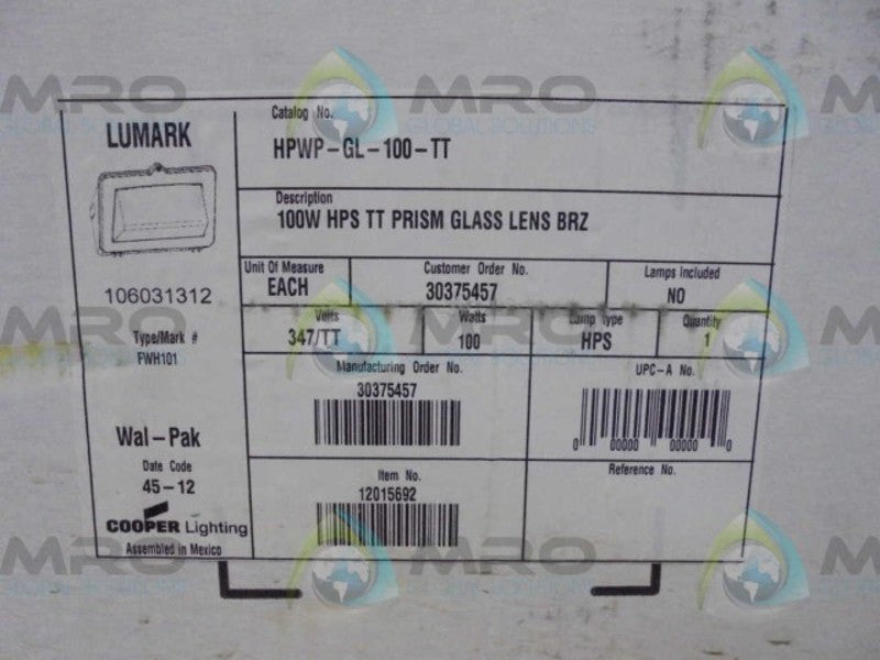 COOPER  HPHW-GL-100-TT  100W HPS TT PRISM GLASS LENS * FACTORY SEALED *