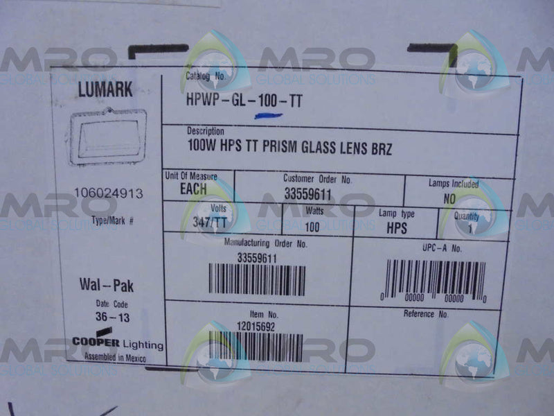 COOPER  HPWP-GL-100-TT  100W PRISM GLASS LENS * FACTORY SEALED *
