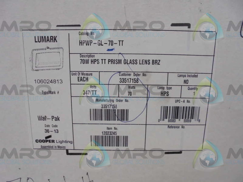 COOPER  HPWP-GL-70-TT  70W PRISM GLASS LENS * FACTORY SEALED *