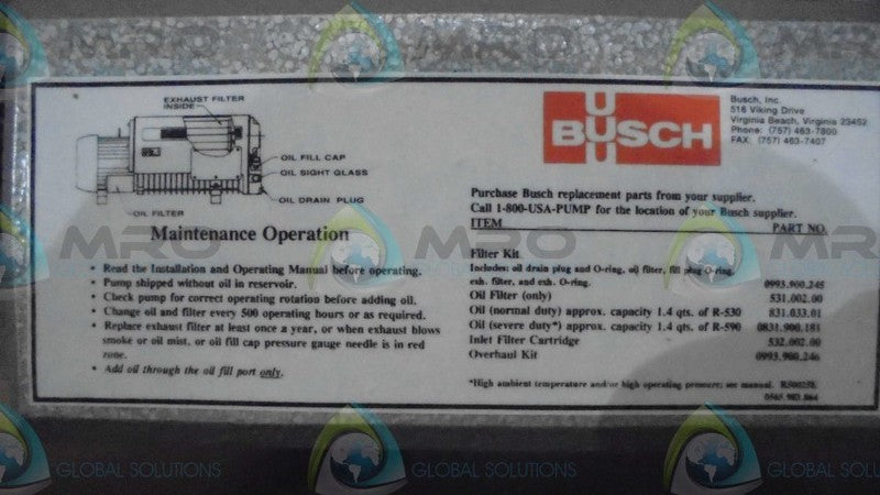BUSCH  RC0025.E506.1001  VACCUM PUMP * NEW IN CRATE *