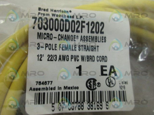DANIEL WOODHEAD 703000D02F1202 3-POLE FEMALE CORDSET *NEW IN FACTORY BAG*