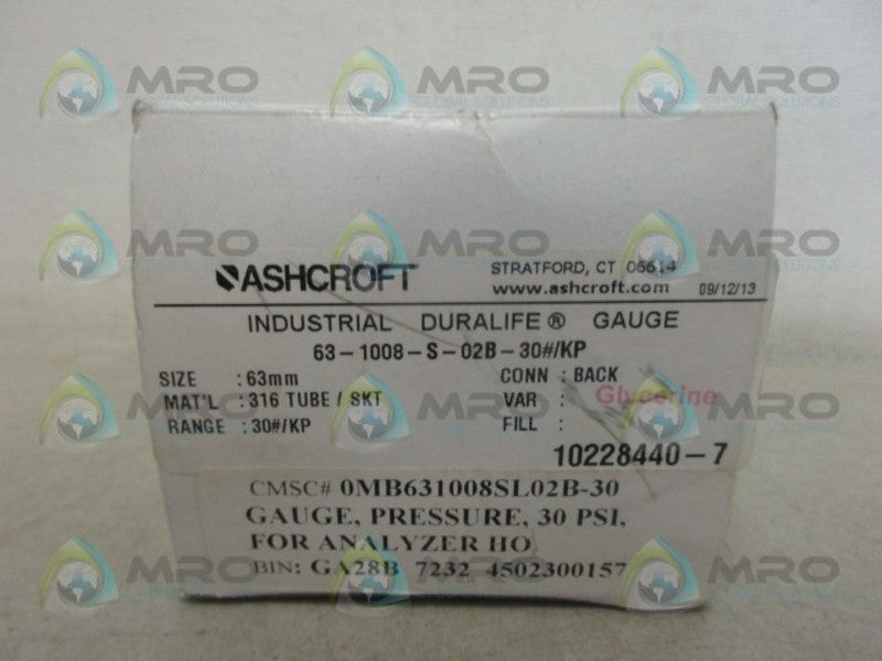 ASHCROFT 63-1008-S-02B-30 GAUGE 0-30 *NEW IN BOX*