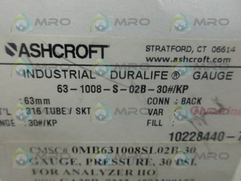 ASHCROFT 63-1008-S-02B-30 GAUGE 0-30 *NEW IN BOX*