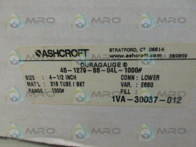ASHCROFT 451279SS04L-1000# DURAGAUGE 1000 PSI *NEW IN BOX*