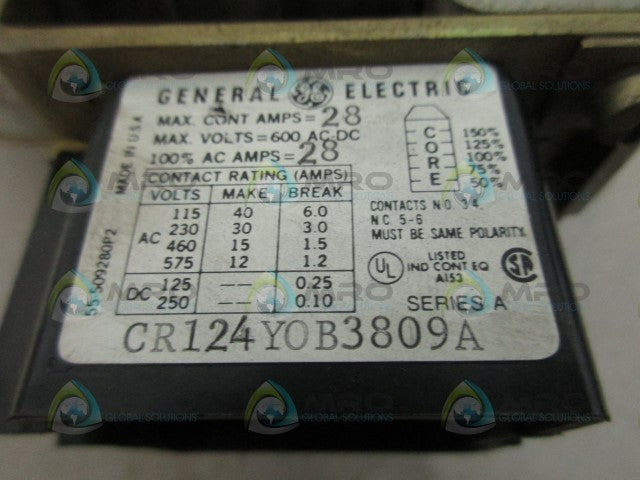 GENERAL ELECTRIC CR124Y0B3809A TRIP RELAY *USED*