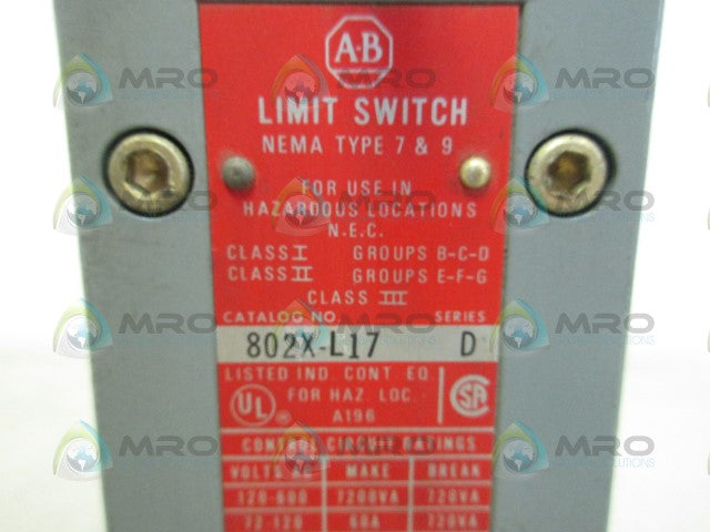 ALLEN BRADLEY 802X-L17 SER. D LIMIT SWITCH *USED*
