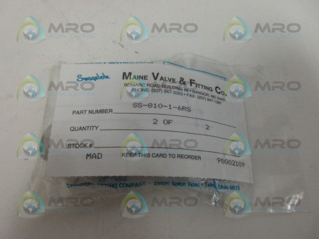 SWAGELOK SS-810-1-6RS (PKG OF 2) TUBE FITTING *NEW IN FACTORY BAG*