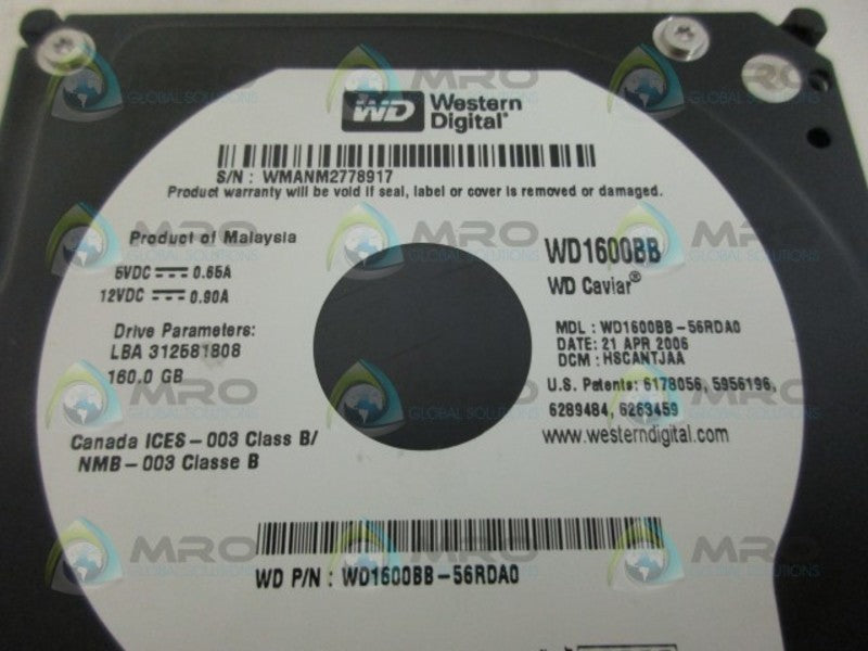 WESTERN DIGITAL WD1600BB-56RDA0 HARD DRIVE *USED*