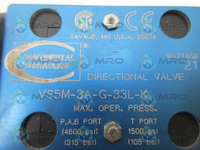 CONTINENTAL HYDRAULICS VS5M-3A-G-33L-K DIRECTIONAL VALVE *NEW NO BOX*