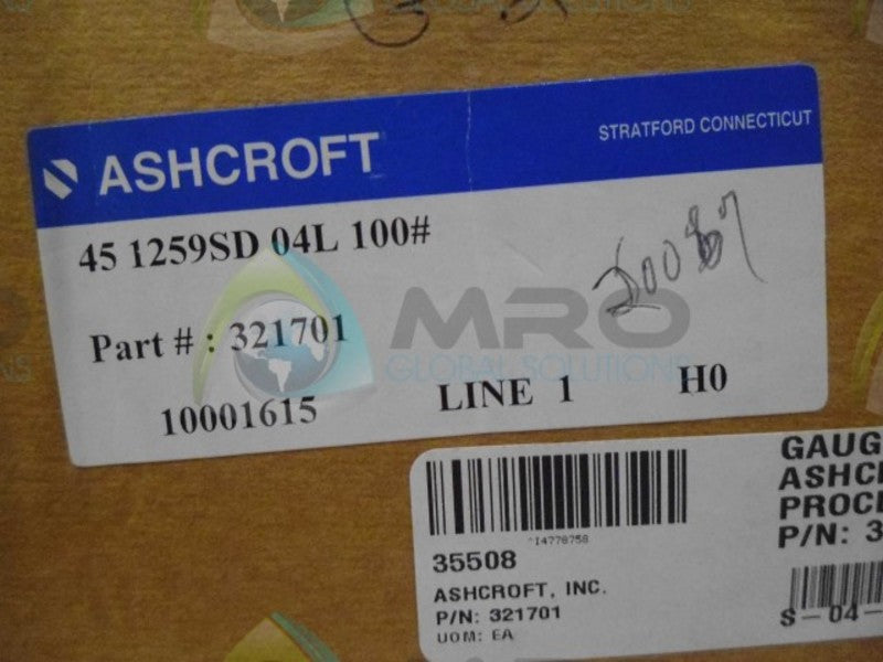 ASHCROFT 451259SD04L-100# PRESSURE GAUGE 0-100 PSI *NEW IN BOX*