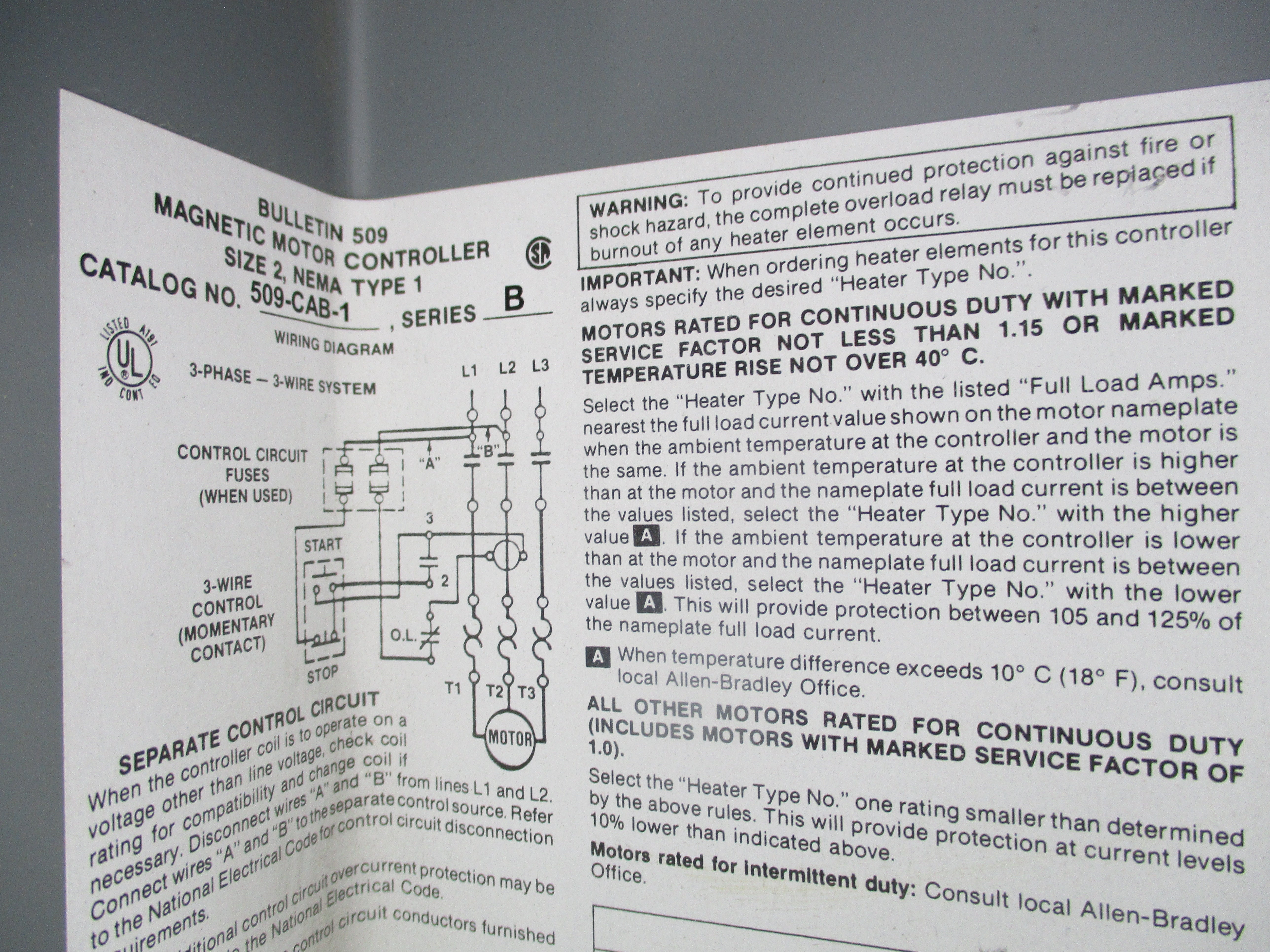 ALLEN BRADLEY 509-CAB-1 SER. B NSNP