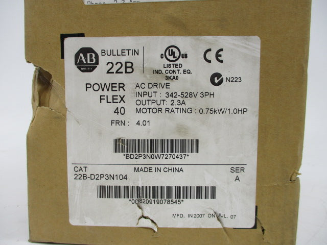 ALLEN BRADLEY 22B-D2P3N104 SER. A F/W 4.01 NSMP (BR/WH)