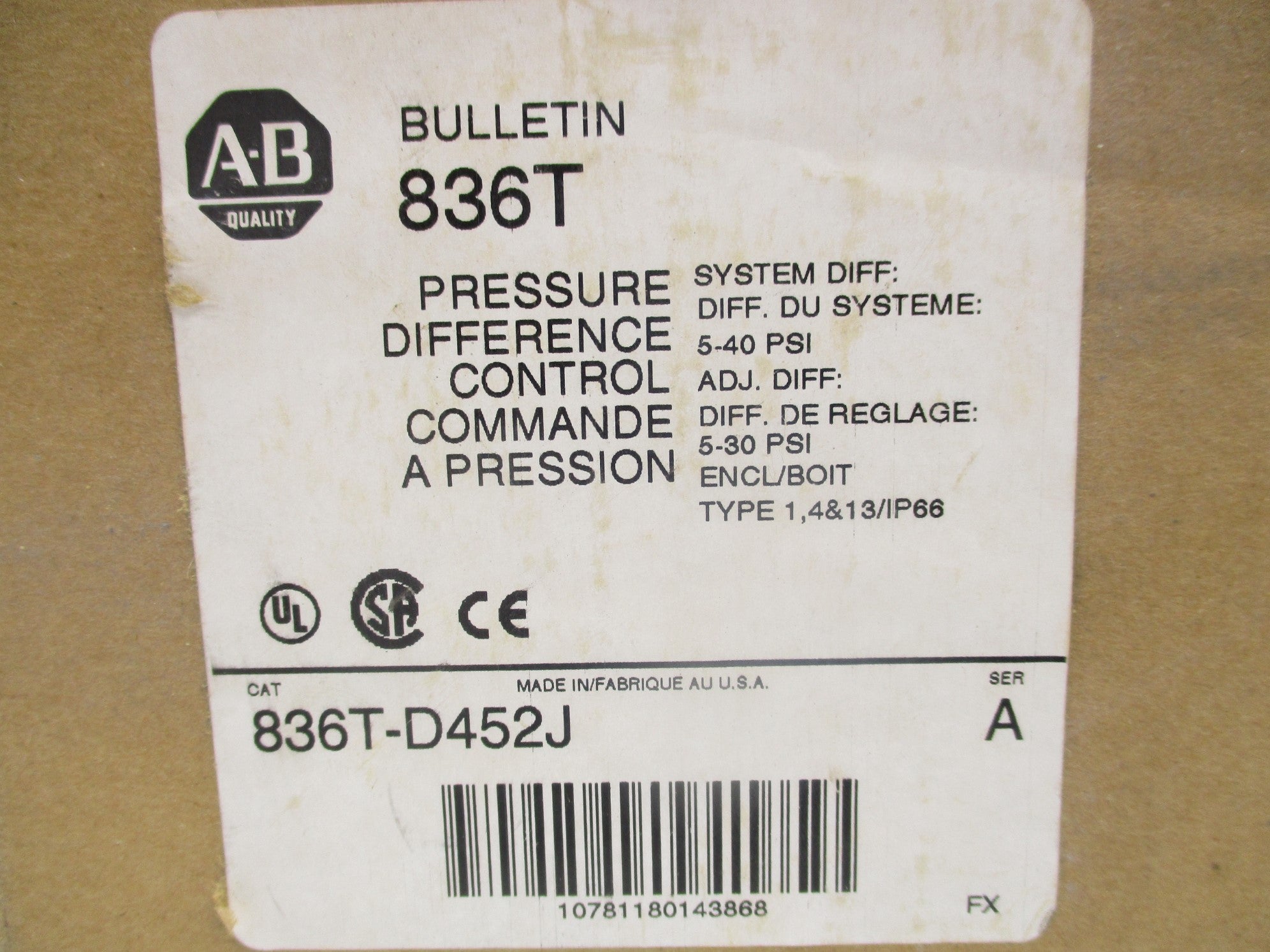 INDUSTRIAL SPARE PART 836T-D452J SER. A 120-600V 60A 5-40PSI (BR/WH) NSMP