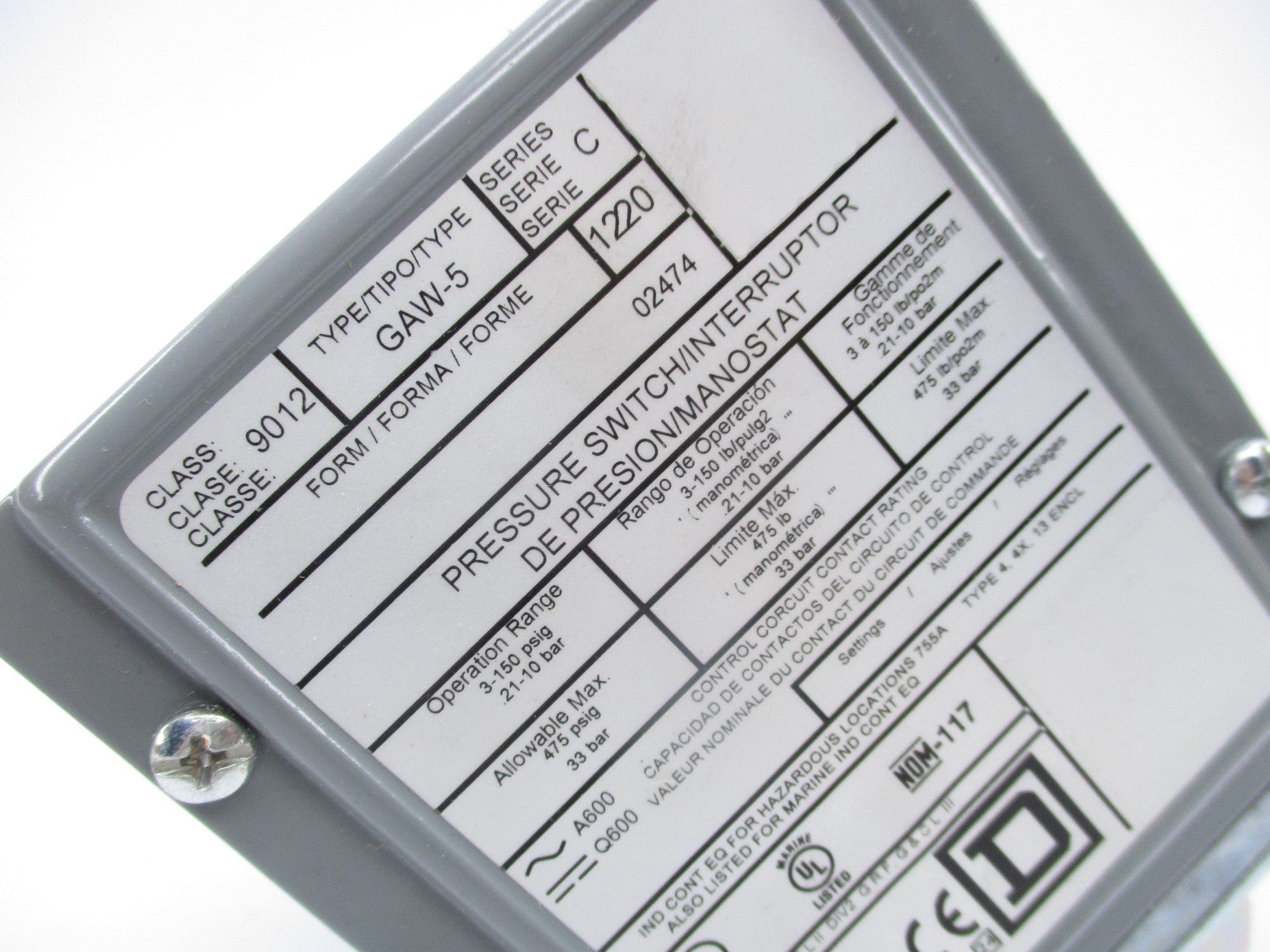 SQUARE D 9012GAW5 SER. C 3-150PSIG NSNP