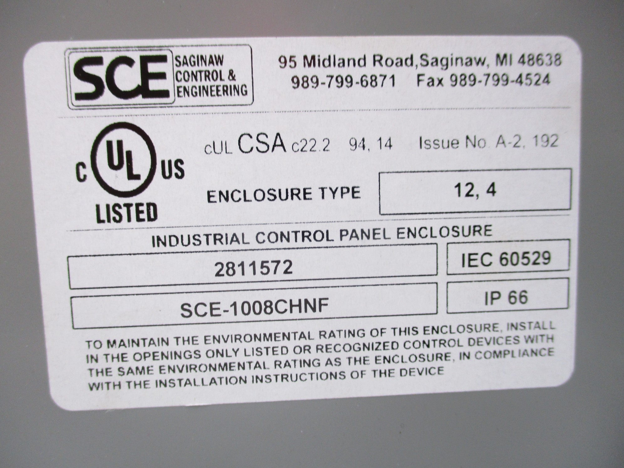 SAGINAW CONTROL SCE-1008CHNF NSNP