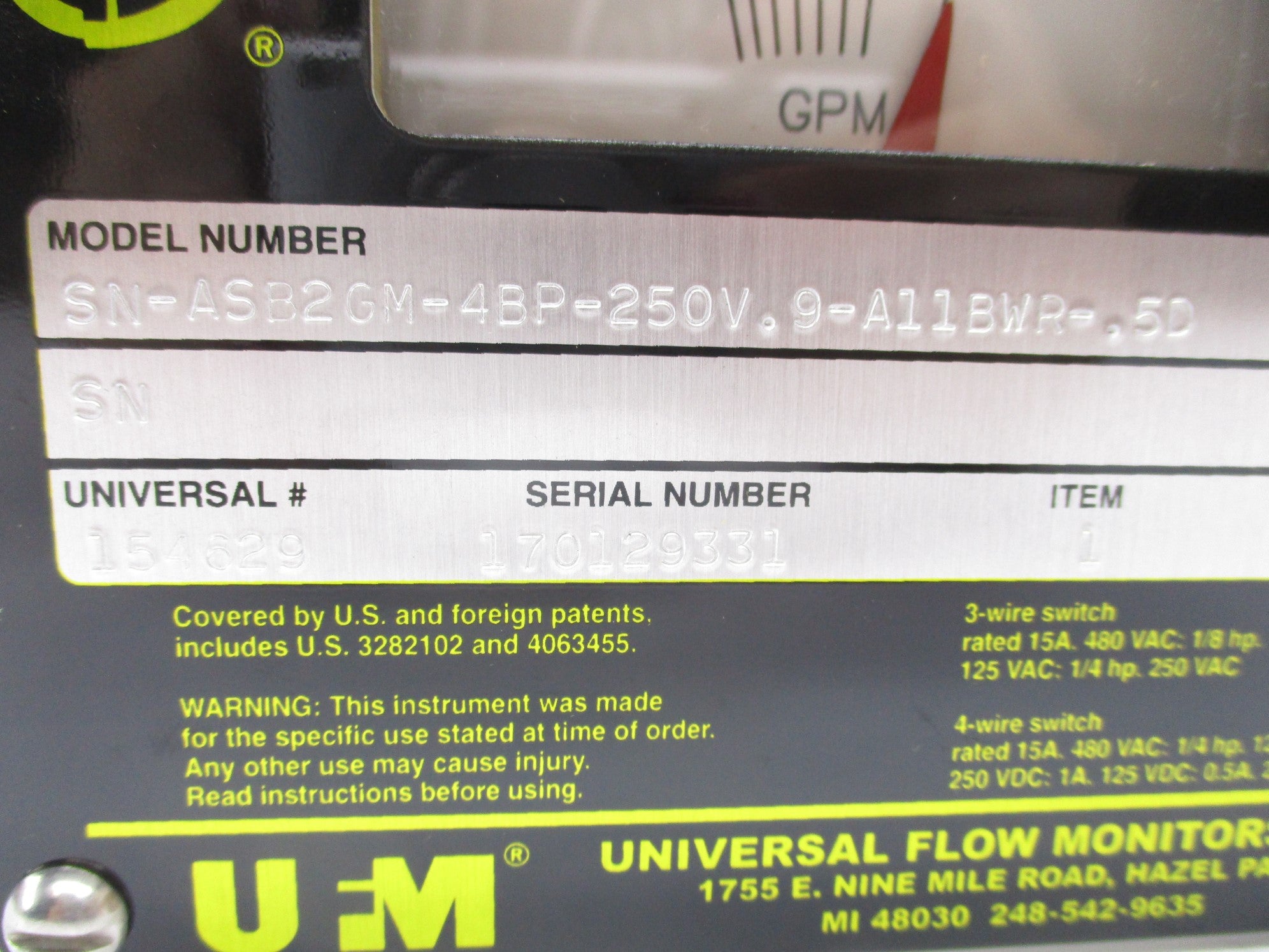 UNIVERSAL FLOW MONITORS SN-ASB2GM-4BP-250V.9-A11BWR-.5D NSNP