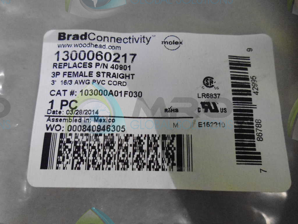 DANIEL WOODHEAD 40901 103000A01F030 FEMALE STRAIGHT CORD *NEW IN FACTORY BAG*