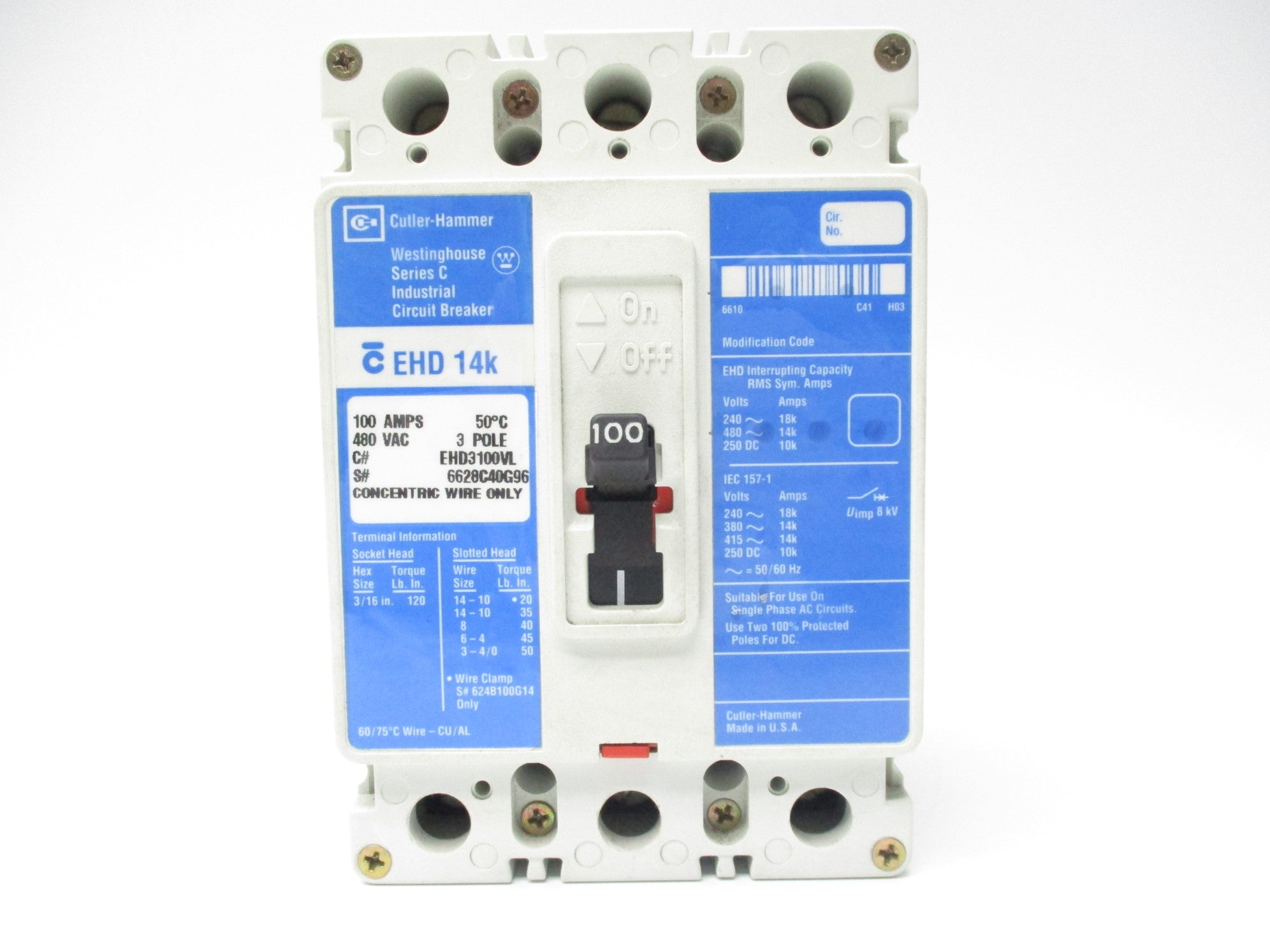 CUTLER HAMMER EHD3100VL SER. C 100A 480V NSNP