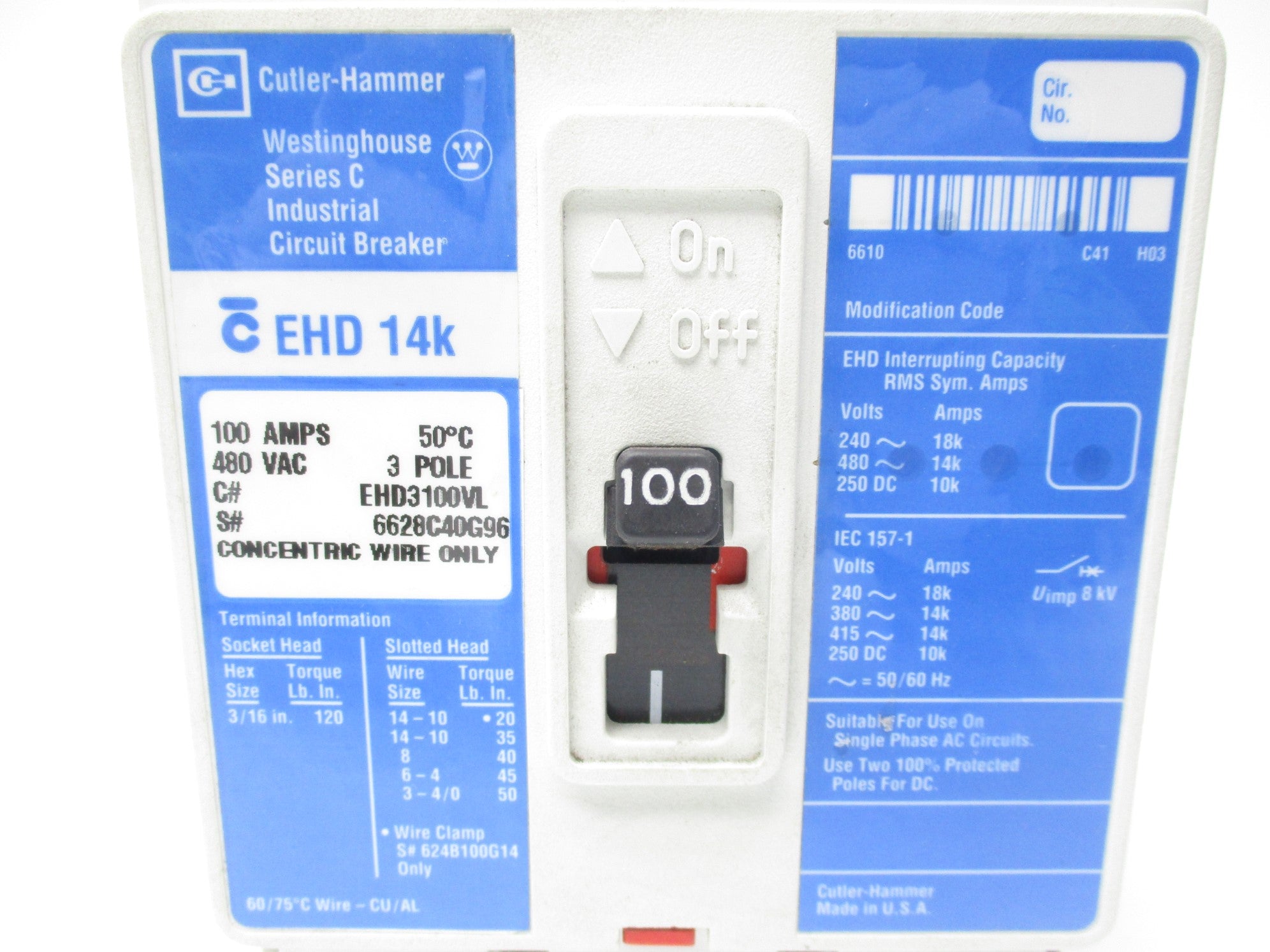 CUTLER HAMMER EHD3100VL SER. C 100A 480V NSNP