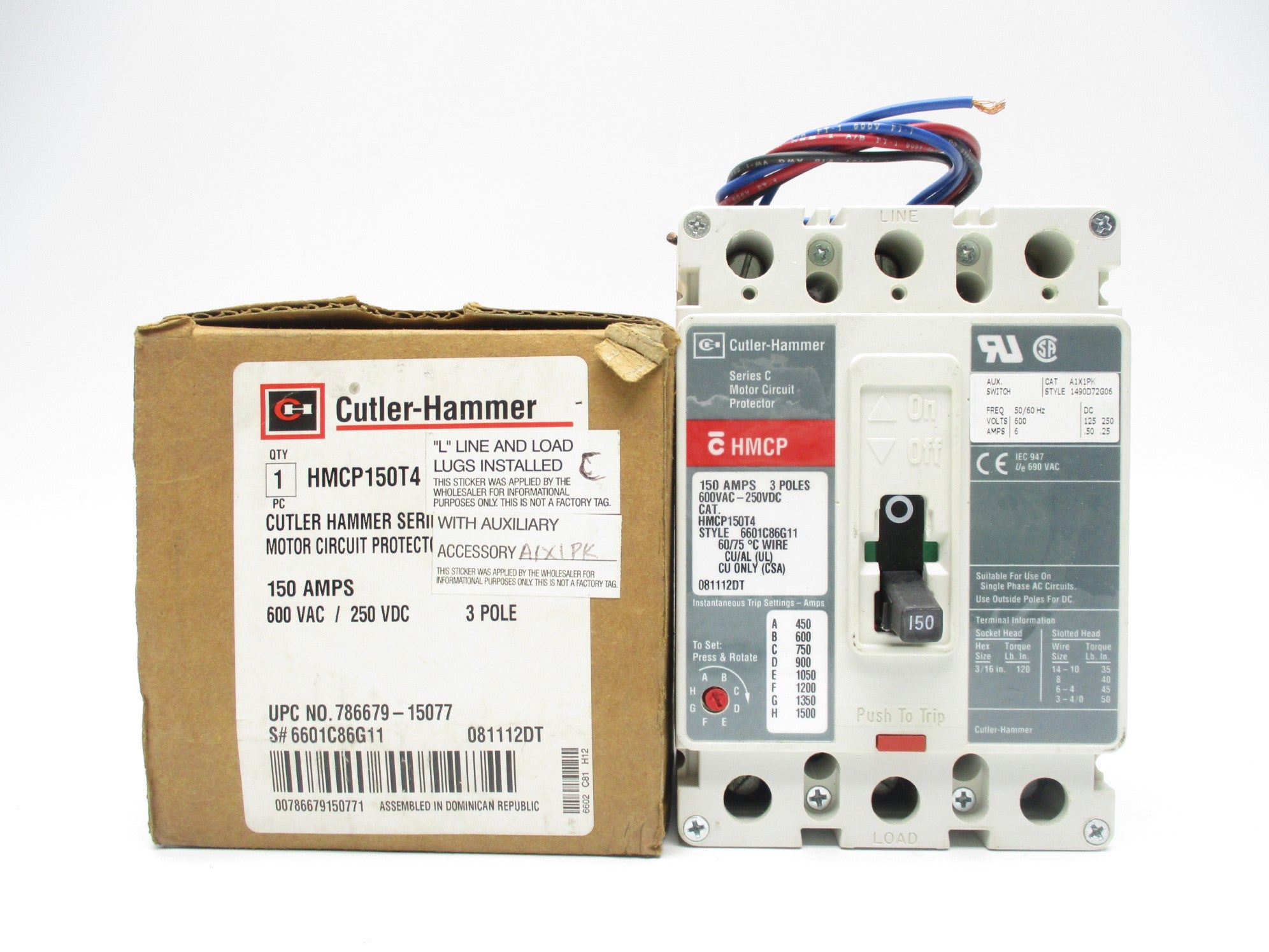 CUTLER HAMMER HMCP150T4 with A1X1PX auxillary SER. C 150A 250VDC NSMP