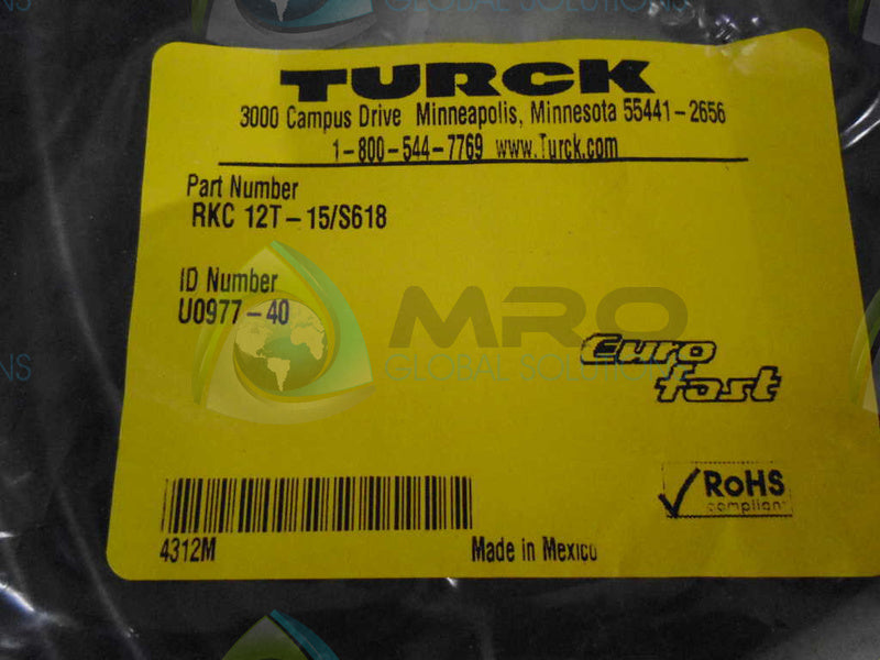 TURCK RKC12T-15/S618 EUROFAST MOLDED CORDSET *NEW IN ORIGINAL PACKAGE*