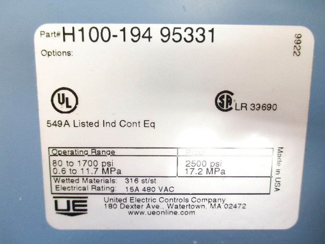 UNITED ELECTRIC H100-194 95331 80-1700PSI NSMP