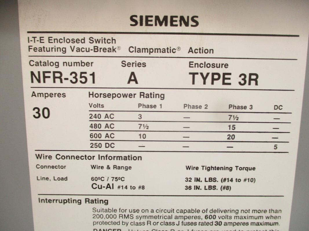 SIEMENS NFR351 SER. A 600VAC 30A NSMP