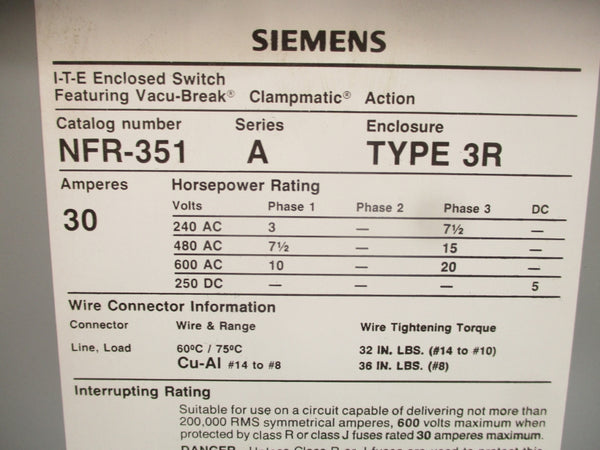 SIEMENS NFR351 SER. A 600VAC 30A NSMP