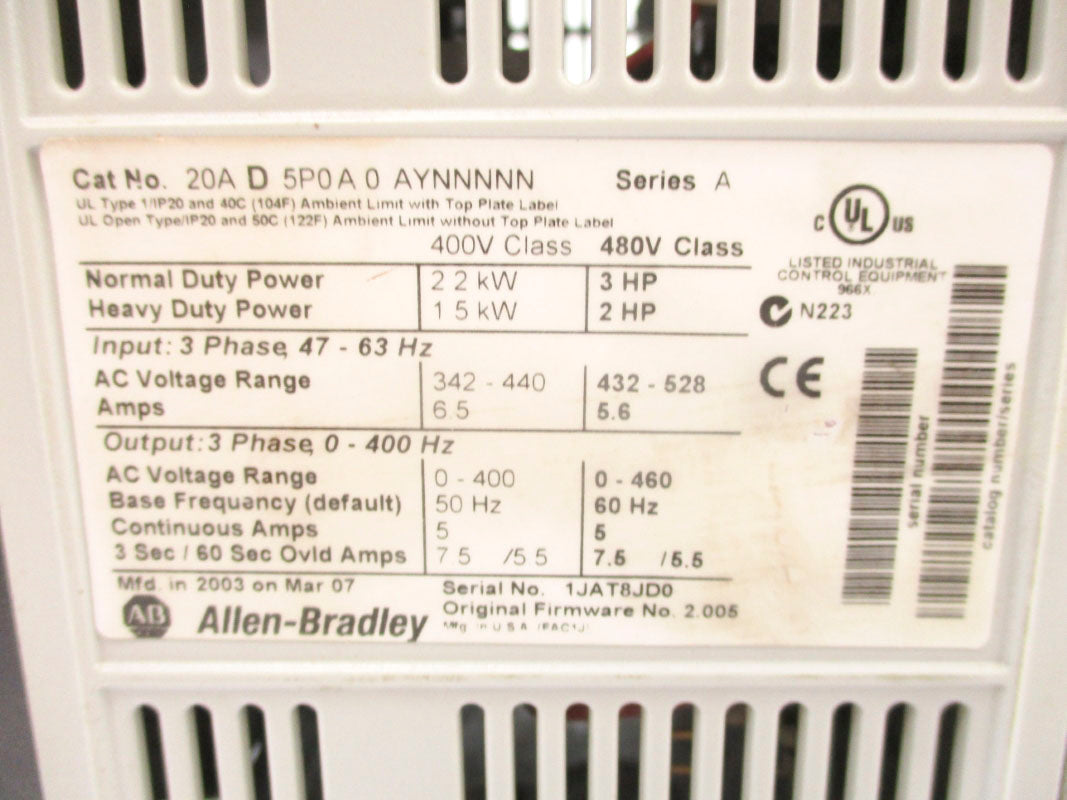 ALLEN BRADLEY 20AD5P0A0AYNNNNN SER. A F/W 2.005 480V UNMP