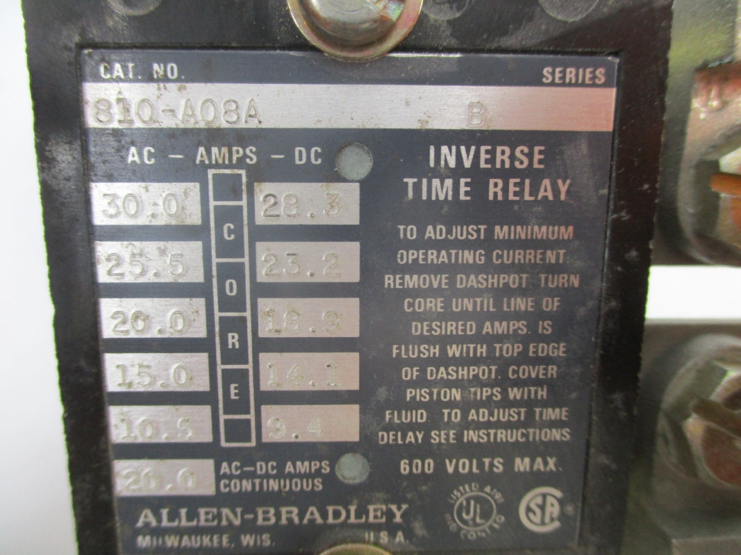 ALLEN BRADLEY 810-A08A SER. B 600V 20A (BR/WH) NSMP
