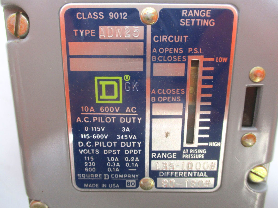 SQUARE D 9012ADW-25 600V 10A 450-570PSI NSMP