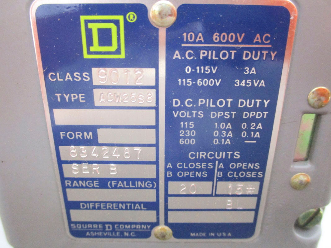 SQUARE D 9012ACW25-S8 SER. B 600V 10A 15-20PSI NSMP