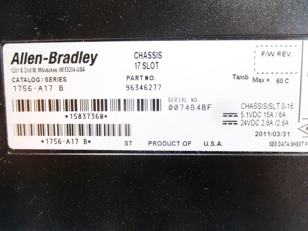 ALLEN BRADLEY 1756-A17 SER. B 24VDC 2.8A REMAN
