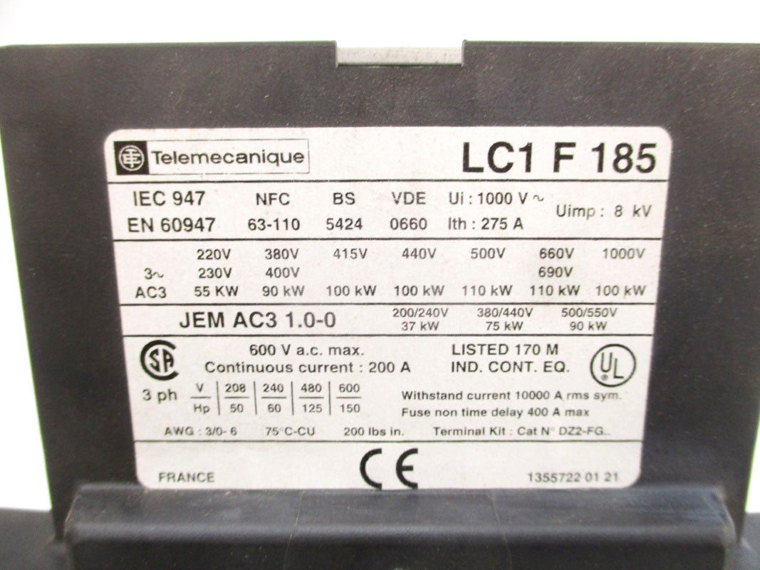 TELEMECANIQUE LC1F185 600VAC 200A (AS PICTURED) NSNP