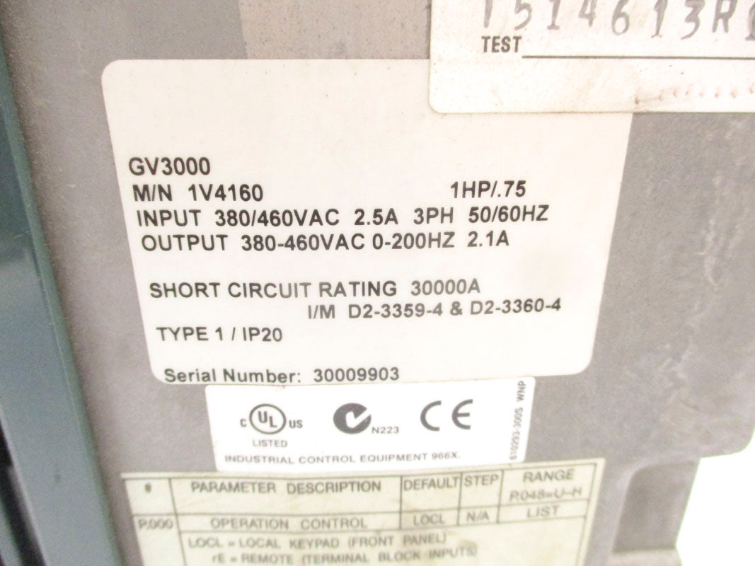RELIANCE ELECTRIC 1V4160 GV3000/SE 460VAC 2.5A UNMP
