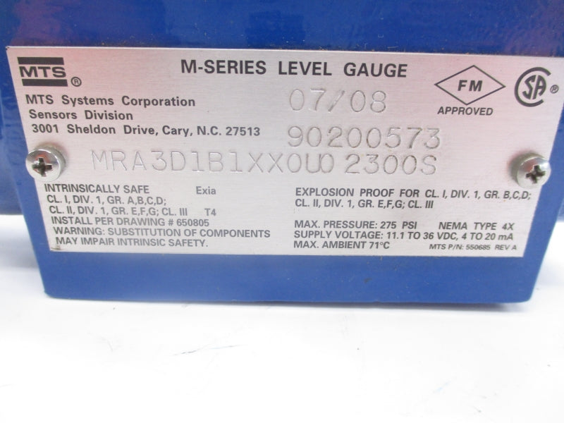 MTS SYSTEMS MRA3D1B1XX0U02300S 11.1-36VDC 30FT 275PSI NSNP