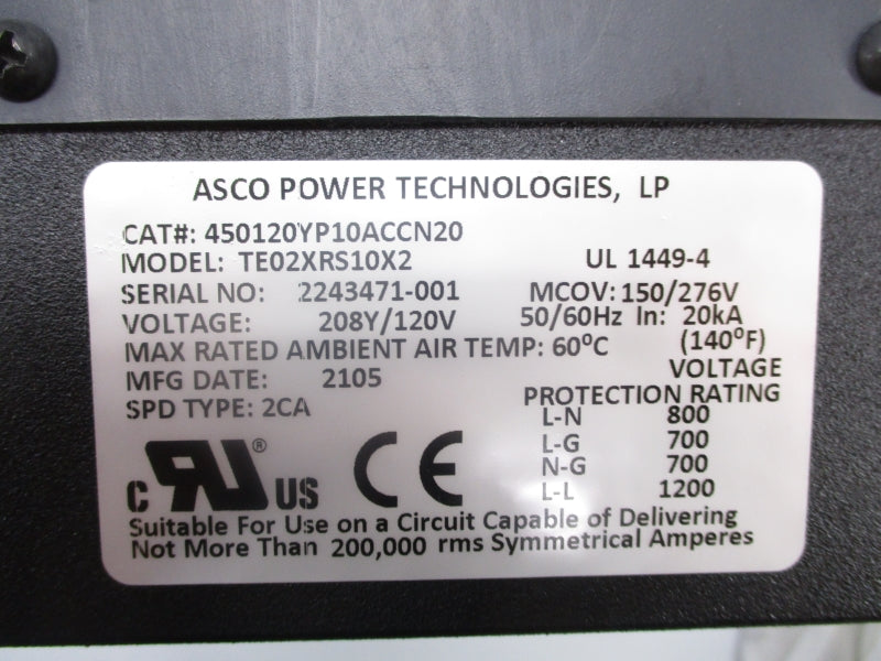 ASCO POWER TECHNOLOGIES 450120YP10ACCN20 TE02XRS10X2 208Y/120V NSNP
