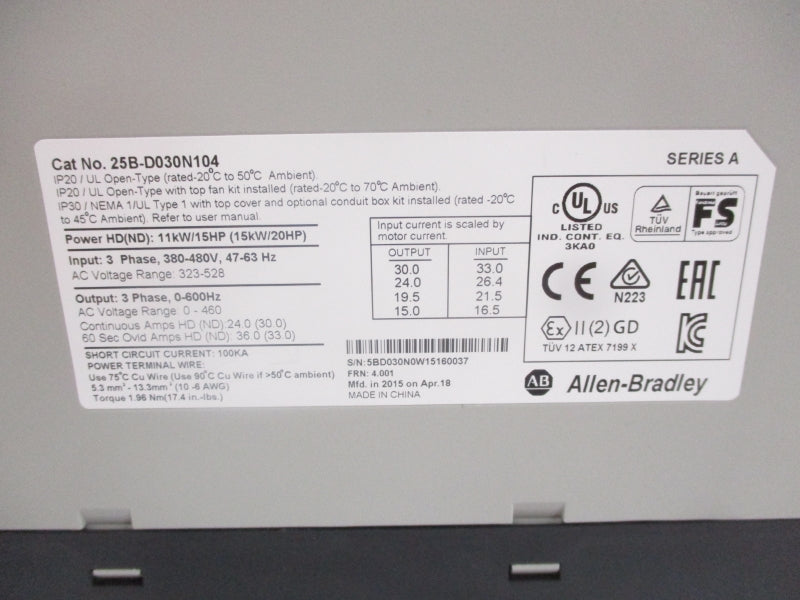 ALLEN BRADLEY 25B-D030N104 SER. A F/W 4.001 380-480V NSMP