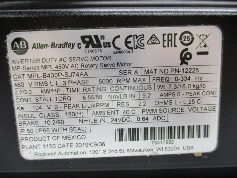 ALLEN BRADLEY MPL-B430P-SJ74AA SER. A 480V NSMP