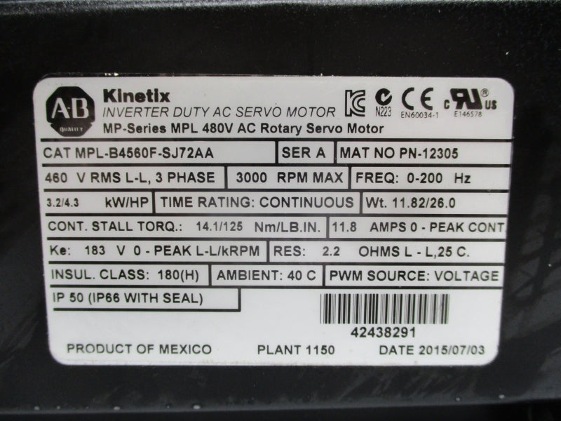 ALLEN BRADLEY MPL-B4560F-SJ72AA SER. A 480V NSMP