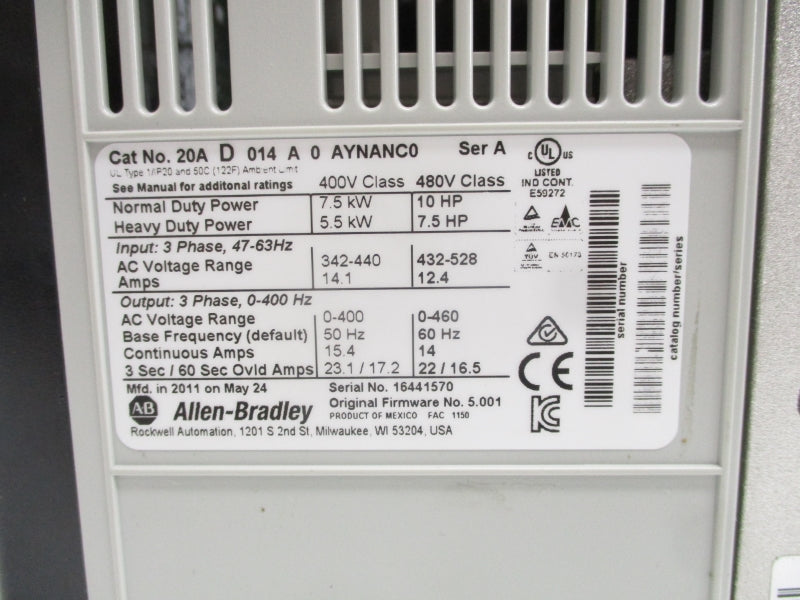 ALLEN BRADLEY 20AD014A0AYNANC0 SER. A F/W 5.001 432-528VAC 12.4A REMAN