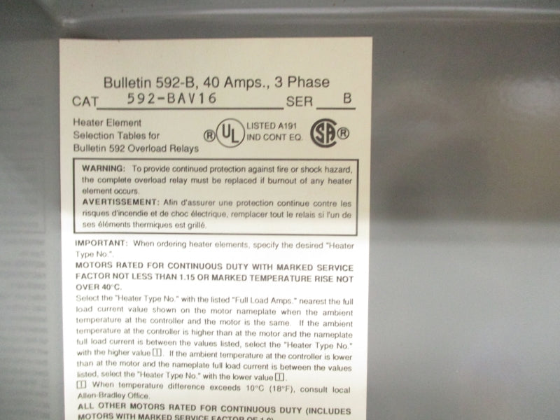 ALLEN BRADLEY 592-BAV16 SER. B 120V 40A (BR/WH) NSMP