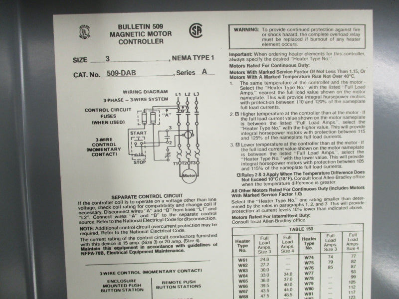 ALLEN BRADLEY 509-DAB SER. A 120V (AS PICTURED) NSNP