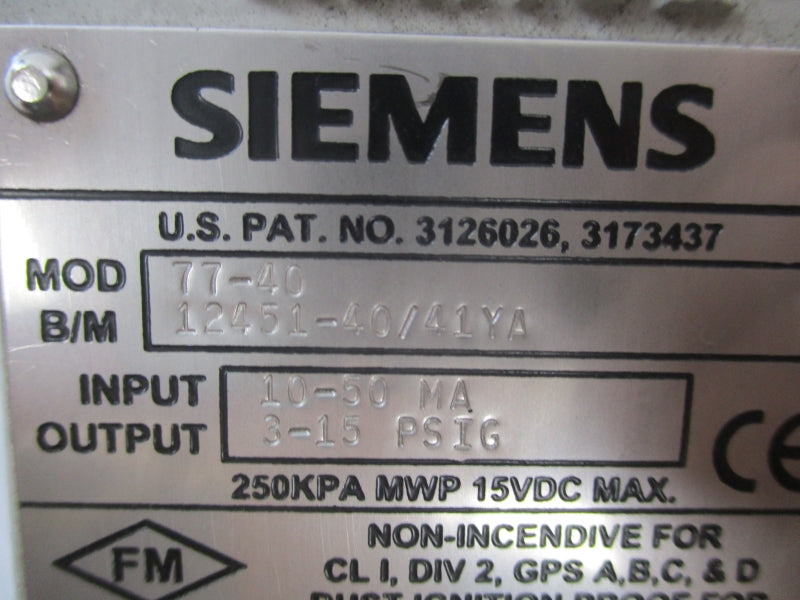 SIEMENS 77-40 12451-40/41YA 15VDC 3-15PSI NSNP