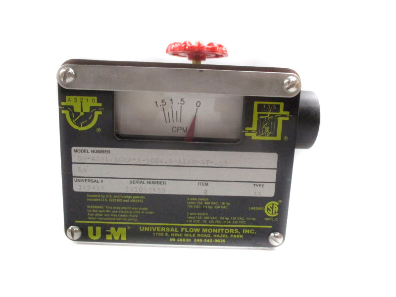 UNIVERSAL FLOW MONITORS SN-ASB1.5GMV-4-500V.9-A1XR-ST-.5D 480VAC 15A 0-1.5GPM NSNP