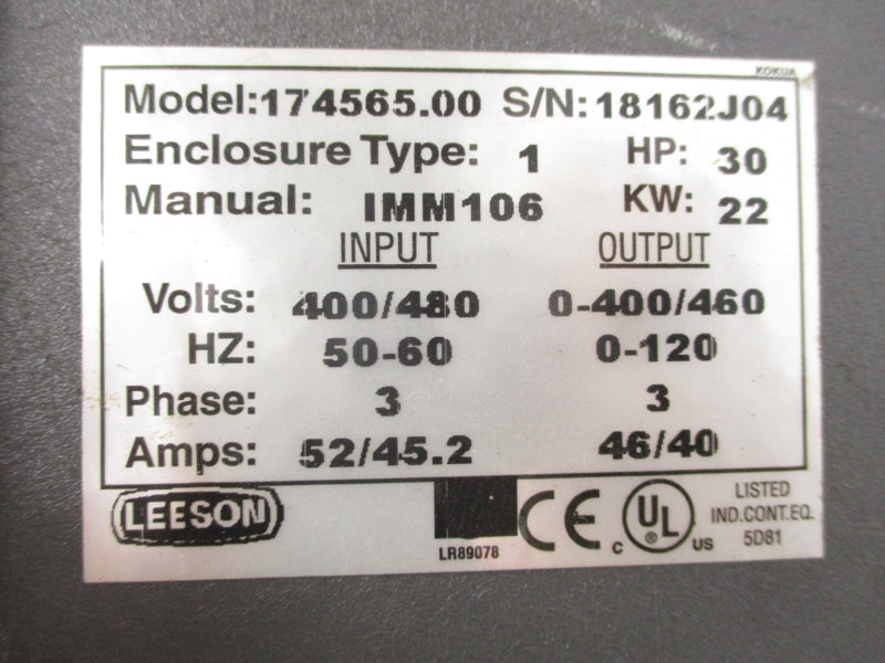 LEESON 174565.00 400/480V, 52/45.2A UNMP